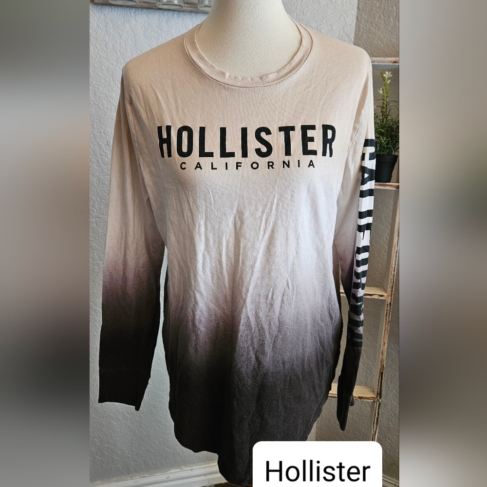 HOLLISTER Mens Cream Blk Long Sleeve Logo T-shirt Size M Skater 90s Y2k Vintage